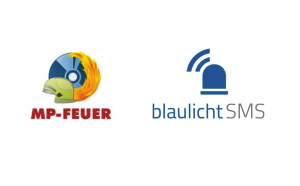 Logos of MP-Feuer and blaulichtSMS Partner der blaulichtSMS die Zusatzalarmierung via Alarm App für Feuerwehr Rettung THW Bergwacht und Co