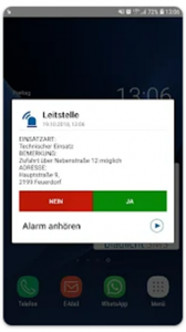Eingehender Alarm in der blaulichtSMS App Zusatzalarmierung der blaulichtSMS die Zusatzalarmierung via Alarm App für Feuerwehr Rettung THW Bergwacht und Co